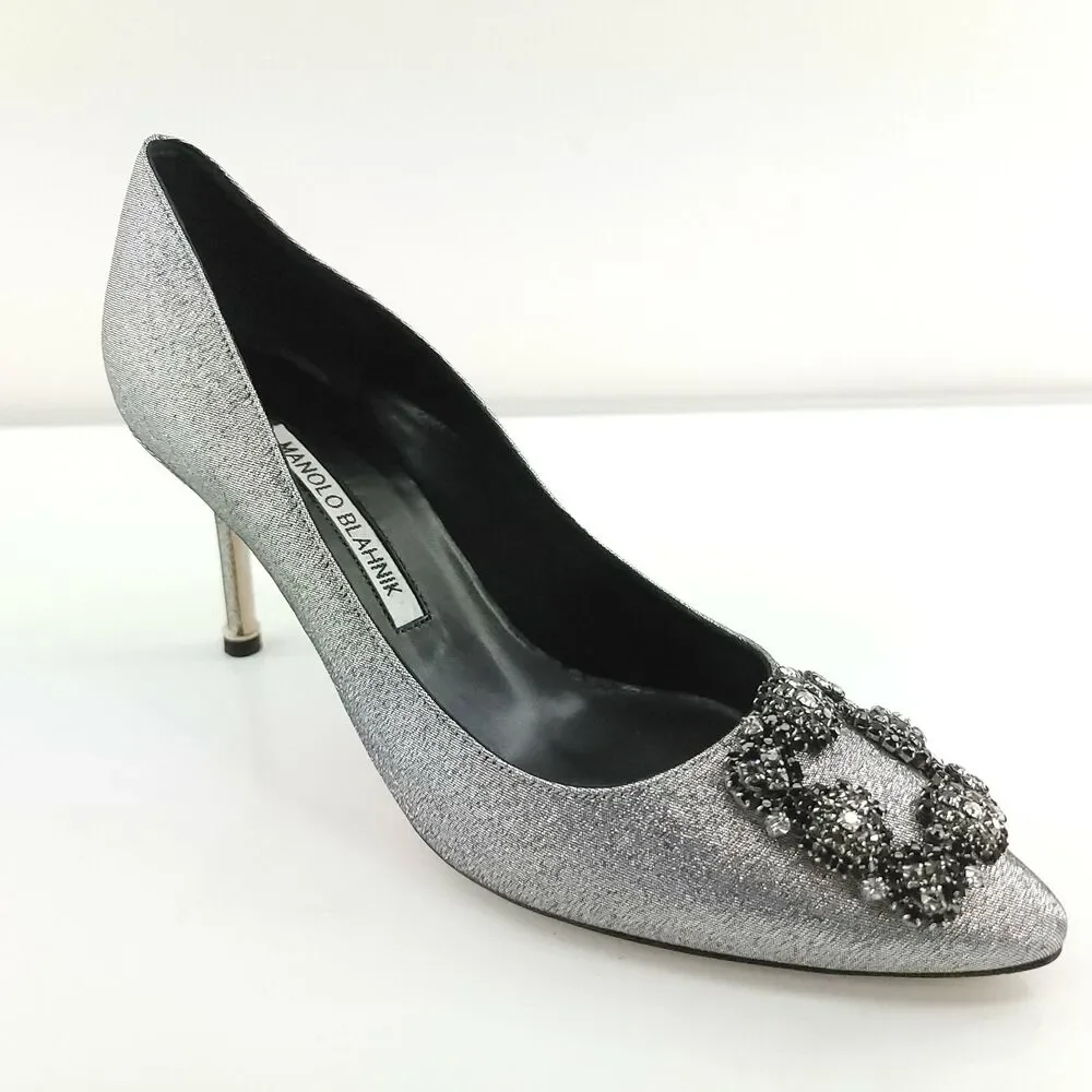 Manolo Blahnik Metallic Silver Hangisi 80 mm Notturno SZ 38 Pointy Glitter $1085
